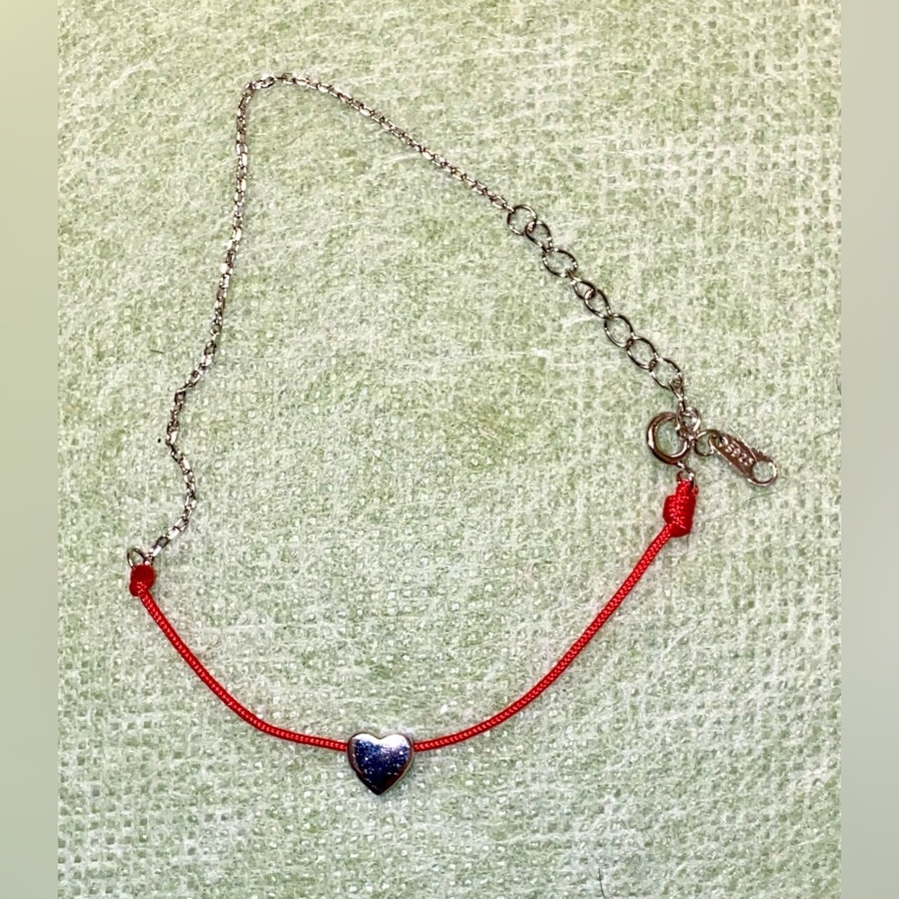 Silver Heart Bracelet on Red Cord — Women's Adjustable Bracelet